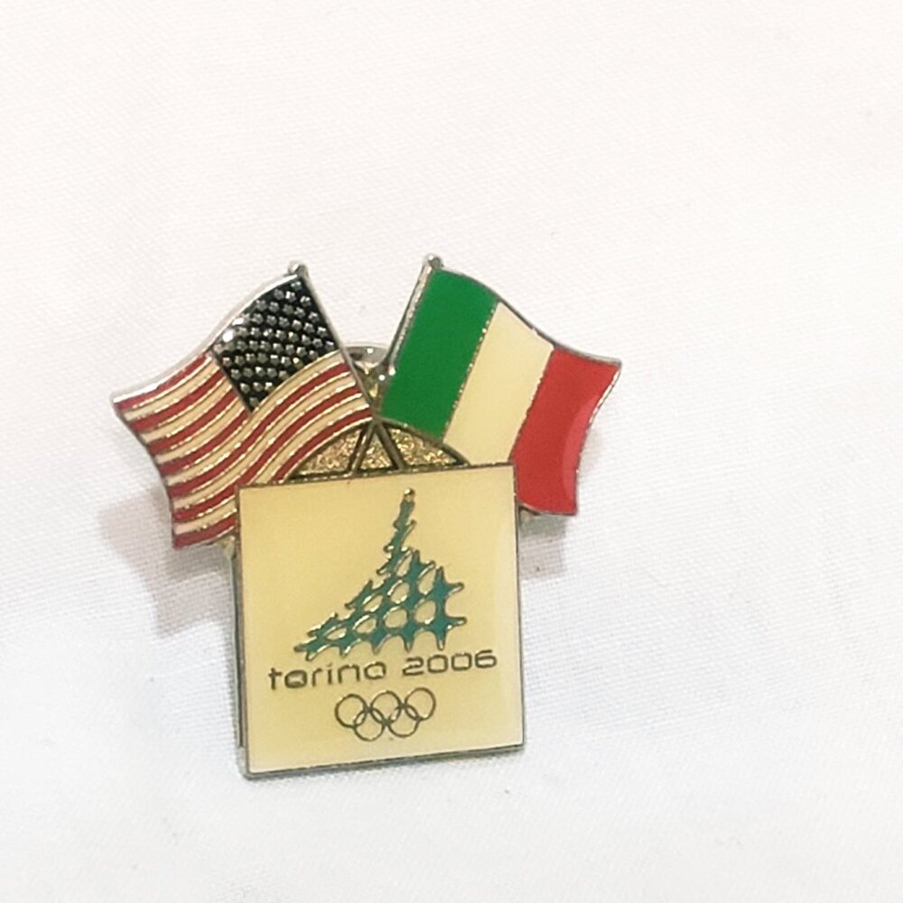 Torino 2006 Olympic Games Lapel Pin 1" Memorabilia Souvenir USA Italy Flags